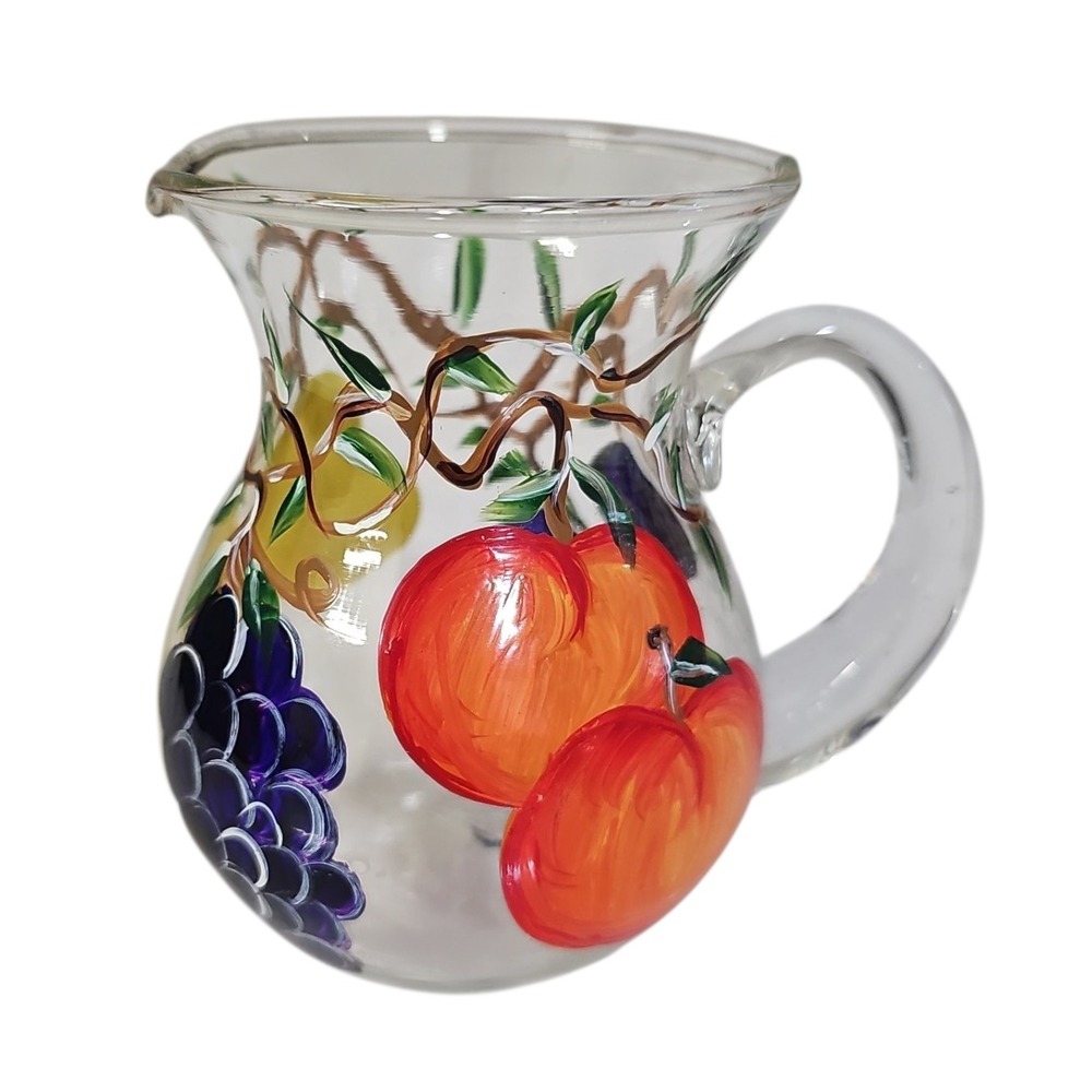 Vintage‎ Hand Painted Glass Creamer Pitcher Fruit Design Vines Farmhouse Style